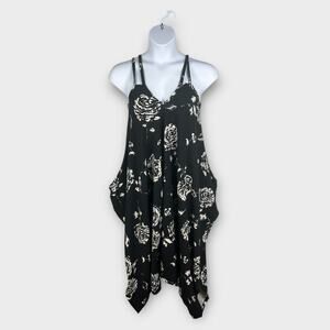 Jumpsuit M/L Boho Lagenlook Baggy Harem Adjustable Spaghetti Strap Black Floral